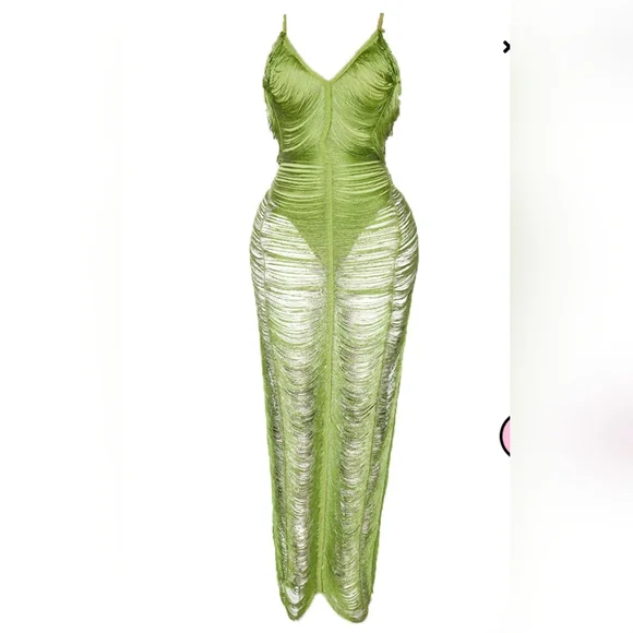 Olive Fringe Detail Midaxi Dress - Picture 3 of 3